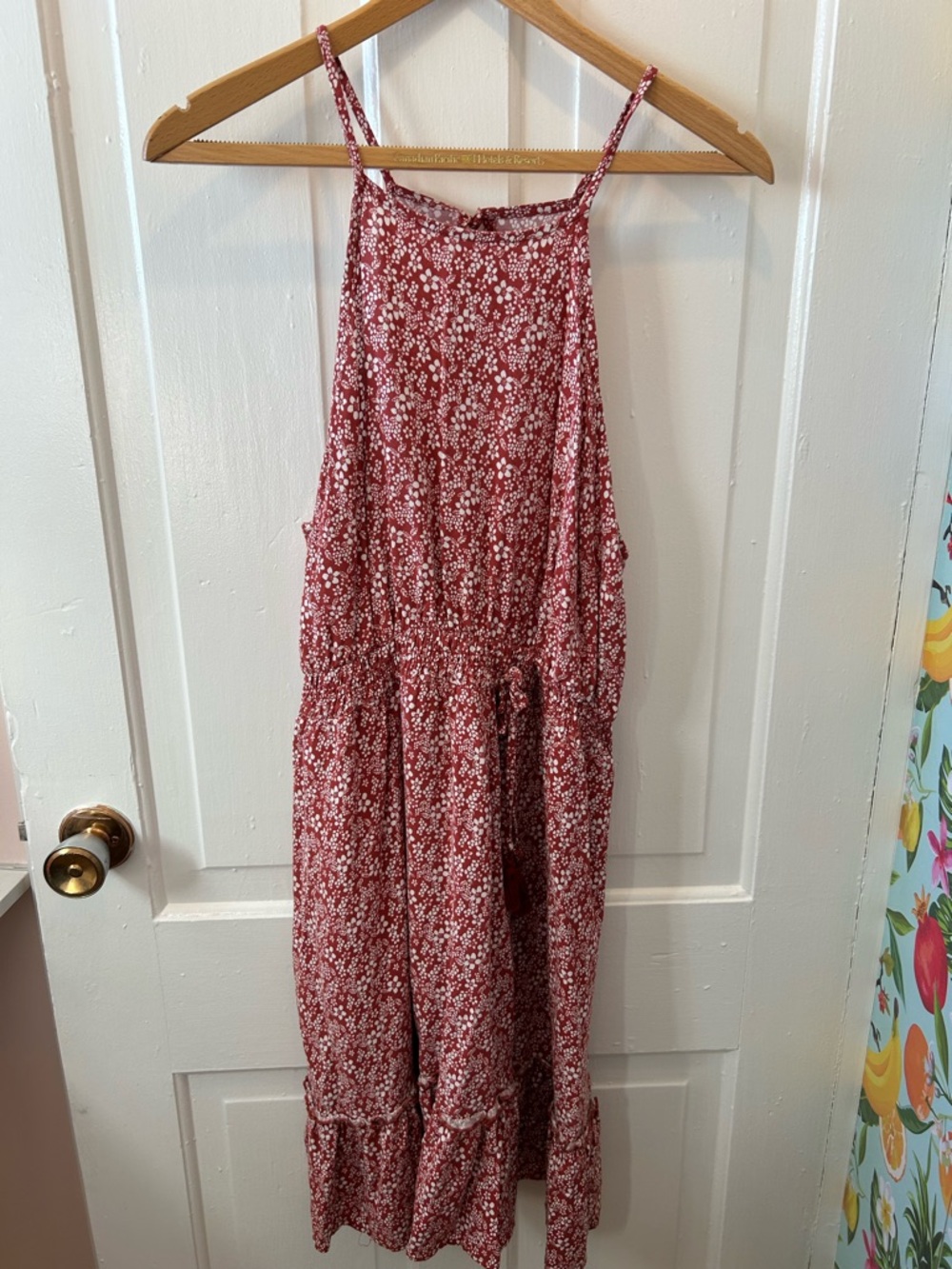 Red Floral Midi Dress with Spaghetti Straps